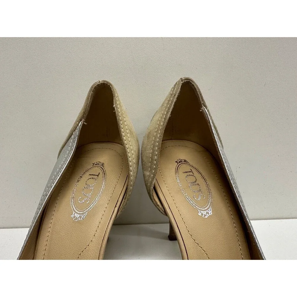 TOD'S women size 6.5 open Toe slip on silver & beige leather & suede pumps